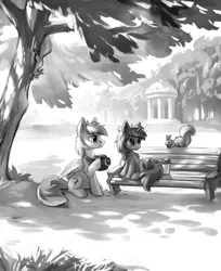 Size: 979x1200 | Tagged: safe, artist:tomatocoup, derpibooru import, oc, oc:kate, oc:kej, unofficial characters only, pegasus, pony, squirrel, unicorn, bench, coffee, couple, duo, female, grayscale, k+k, male, mare, monochrome, park, rotunda, sitting, stallion, tree