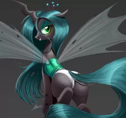 Size: 2500x2335 | Tagged: artist:raps, bugbutt, changeling, changeling queen, clothes, derpibooru import, female, looking back, mare, panties, queen chrysalis, simple background, smiling, solo, solo female, stupid sexy chrysalis, suggestive, underwear, white underwear