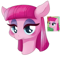 Size: 1631x1510 | Tagged: safe, artist:tilling-tan, derpibooru import, screencap, pinkie pie, pony, rock solid friendship, behaving like maud pie, bust, eyeshadow, female, makeup, simple background, solo, transparent background