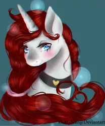 Size: 1448x1737 | Tagged: safe, artist:xkittyblue, derpibooru import, oc, oc:teddy heart, unofficial characters only, pony, unicorn, art trade, blue eyes, choker, colored pupils, female, looking at you, mare, red hair, solo