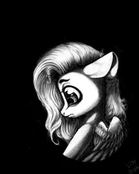 Size: 800x1000 | Tagged: safe, artist:limchph2, derpibooru import, fluttershy, pony, black and white, black background, bust, floppy ears, grayscale, looking down, monochrome, portrait, profile, sad, simple background, solo, teary eyes, wings