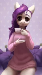 Size: 1100x1950 | Tagged: safe, artist:pessadie, derpibooru import, oc, unofficial characters only, anthro, earth pony, adoracreepy, big eyes, clothes, creepy, cup, cute, female, lidded eyes, looking at you, mare, sitting, smiling, solo, sweater, teacup, uncanny valley