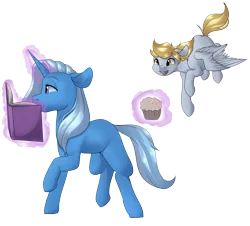 Size: 4000x3619 | Tagged: safe, artist:rue-willings, derpibooru import, derpy hooves, trixie, pegasus, pony, book, female, flying, food, magic, mare, muffin, simple background, telekinesis, transparent background