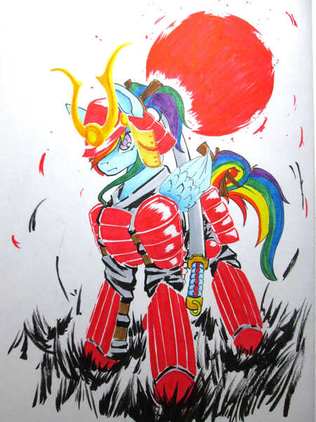 Size: 1200x1600 | Tagged: safe, artist:aerolp, artist:aerostoner, derpibooru import, rainbow dash, pony, armor, helmet, japan, katana, samurai, samurai armor, solo, sun, sword, traditional art, weapon