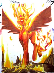 Size: 1200x1600 | Tagged: safe, artist:aerolp, artist:aerostoner, derpibooru import, nightmare star, princess celestia, alicorn, pony, burning, mane of fire, solo, spread wings, traditional art, wings