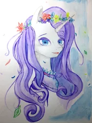 Size: 1200x1600 | Tagged: safe, artist:aerolp, artist:aerostoner, derpibooru import, rarity, pony, bust, floral head wreath, flower, portrait, solo, traditional art, watercolor painting