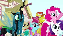 Size: 600x338 | Tagged: safe, derpibooru import, edit, edited edit, edited screencap, screencap, apple bloom, carrot cake, cup cake, mayor mare, pinkie pie, queen chrysalis, rarity, scootaloo, sweetie belle, changeling, changeling queen, earth pony, pegasus, pony, unicorn, alternate scenario, alternate universe, animated, comparison, cropped, cute, cutealis, dork, dorkalis, female, former queen chrysalis, gif, intro, meta, opening, parody, reformed, smiling, soon, theme song, what if, when she smiles