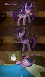 Size: 1920x3240 | Tagged: safe, artist:red4567, derpibooru import, starlight glimmer, twilight sparkle, twilight sparkle (alicorn), alicorn, pony, 3d, bed, book, cold, comic, coughing, dialogue, flu, red nosed, sick, sneezing, source filmmaker