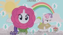 Size: 1280x715 | Tagged: safe, derpibooru import, edit, edited screencap, screencap, rarity, sweetie belle, pony, forever filly, flower, flower costume, flowerity, genesis, looking at you, peter gabriel, reference, seedie belle, smiling, song reference, supper's ready, sweetie belle is not amused, treehouse, treehouse logo, unamused