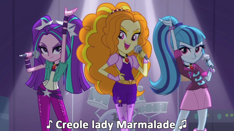 Size: 1280x720 | Tagged: safe, derpibooru import, edit, edited screencap, screencap, adagio dazzle, aria blaze, sonata dusk, equestria girls, rainbow rocks, christina aguilera, evil grin, grin, labelle, lady marmalade, lil kim, looking at you, microphone, moulin rouge, music notes, mya, p!nk, reference, singing, smiling, song reference, the dazzlings, under our spell