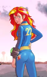 Size: 1188x1920 | Tagged: safe, artist:gsphere, derpibooru import, sunset shimmer, human, equestria girls, ass, bunset shimmer, butt, crossover, fallout, humanized, pipboy, solo, vault 22