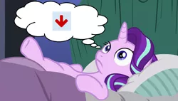 Size: 1280x727 | Tagged: safe, derpibooru import, edit, edited screencap, screencap, starlight glimmer, pony, unicorn, rock solid friendship, bed, downvote, exploitable meme, meme, solo, starlight bedridden, starlight's room, thought bubble