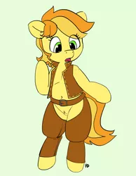 Size: 1280x1648 | Tagged: suggestive, artist:pabbley, derpibooru import, braeburn, earth pony, pony, bailey sweet, belly button, bipedal, chaps, female, implied transformation, mare, open mouth, pubic fluff, rule 63, simple background, solo, solo female