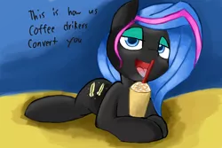 Size: 5400x3600 | Tagged: suggestive, artist:purpleblackkiwi, derpibooru import, oc, oc:obabscribbler, unofficial characters only, earth pony, pony, absurd resolution, bedroom eyes, coffee, dialogue, female, food, frappuccino, mare, solo