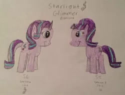 Size: 3155x2393 | Tagged: safe, artist:smurfettyblue, derpibooru import, starlight glimmer, pony, unicorn, season 5, season 6, comparison, cutie mark, duality, looking at each other, self ponidox, simple background, traditional art, white background