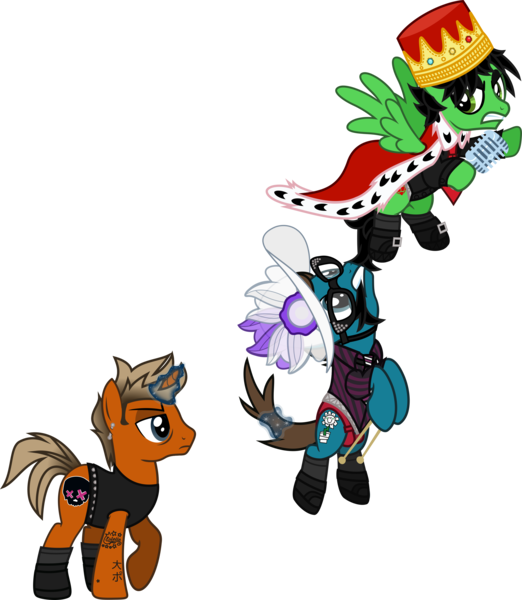 Size: 2945x3385 | Tagged: safe, artist:lightningbolt, derpibooru import, ponified, earth pony, pegasus, pony, unicorn, .svg available, angry, bags under eyes, belt, billie joe armstrong, bra, buckle, cape, clothes, crossdressing, crotchbra, crown, drumsticks, ear piercing, eyeliner, eyeshadow, flying, frown, glasses, glowing horn, green day, hair in mouth, hanging, hat, hoof hold, jewelry, makeup, male, microphone, mike dirnt, mouth hold, necktie, piercing, raised hoof, regalia, shirt, shoes, silly, simple background, socks, spread wings, stallion, svg, tail pull, tanktop, tattoo, transparent background, trio, tré cool, underwear, vector, wings