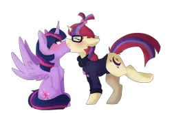Size: 3637x2399 | Tagged: safe, artist:oddends, derpibooru import, moondancer, twilight sparkle, twilight sparkle (alicorn), alicorn, pony, unicorn, blushing, clothes, cutie mark, eyes closed, female, glasses, horn, kissing, lesbian, mare, shipping, simple background, sweater, tail, twidancer, white background, wings