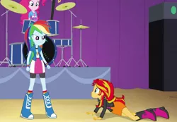 Size: 579x401 | Tagged: safe, derpibooru import, screencap, pinkie pie, rainbow dash, sunset shimmer, equestria girls, rainbow rocks, angry, boots, bracelet, clothes, compression shorts, cymbals, drum kit, drums, guitar, high heel boots, jacket, jewelry, leather jacket, looking at each other, musical instrument, skirt, socks, wristband