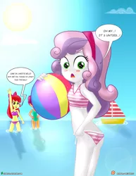 Size: 1500x1942 | Tagged: suggestive, artist:dieart77, derpibooru import, apple bloom, scootaloo, sweetie belle, equestria girls, ass, ball, beach, beach ball, belly button, bikini, blushing, boat, breasts, clothes, cutie mark crusaders, delicious flat chest, dialogue, embarrassed, female, flatie belle, green swimsuit, midriff, ocean, one-piece swimsuit, pink swimsuit, purple swimsuit, rear view, side-tie bikini, speech bubble, striped swimsuit, sweetie butt, swimsuit, wardrobe malfunction, water