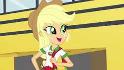 Size: 1280x720 | Tagged: safe, derpibooru import, screencap, applejack, equestria girls, legend of everfree, camp everfree outfits, cowboy hat, cute, duffle bag, female, freckles, hat, open mouth, school bus, solo, stetson
