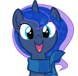 Size: 4400x4287 | Tagged: safe, artist:elementalokami, derpibooru import, princess luna, alicorn, pony, absurd resolution, clothes, cute, female, happy, looking at you, lunabetes, mare, missing accessory, open mouth, scarf, simple background, smiling, solo, transparent background