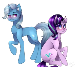 Size: 948x843 | Tagged: safe, artist:alithecat1989, artist:yanafox123, derpibooru import, starlight glimmer, trixie, pony, unicorn, collaboration, colored pupils, duo, female, looking at you, mare, raised hoof, simple background, smiling, transparent background