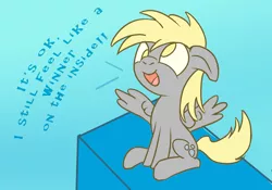 Size: 1280x896 | Tagged: safe, artist:hecc95, derpibooru import, derpy hooves, pony, parental glideance, dialogue, floppy ears, gradient background, happy, podium, solo