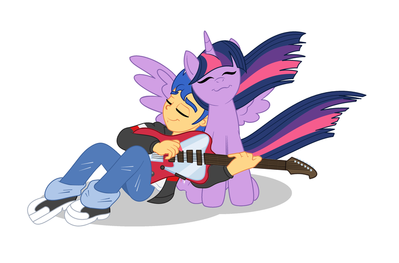 Size: 2965x1957 | Tagged: safe, artist:bbbhuey, derpibooru import, flash sentry, twilight sparkle, twilight sparkle (alicorn), alicorn, human, equestria girls, couple, eyes closed, female, flashlight, guitar, human flash sentry x pony twilight, interspecies, love, male, shipping, simple background, straight, white background