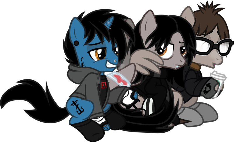 Size: 2168x1322 | Tagged: safe, artist:lightningbolt, derpibooru import, ponified, pegasus, pony, unicorn, .svg available, annoyed, bags under eyes, bandage, blood, blowing, breath, broken wing, brothers, butt touch, clandestine industries, clothes, coffee, cold, ear piercing, fangs, fingerless gloves, foggy glasses, frank iero, frown, gauges, gerard way, glasses, gloves, grin, hair over one eye, hood, hoodie, hoof hold, hoof on butt, horn, horn piercing, hug, irritated, jacket, lidded eyes, lip piercing, looking back, male, mikey way, molestation, my chemical romance, nose piercing, open mouth, piercing, raised hoof, scarf, shirt, simple background, sitting, smiling, smug, socks, stallion, steam, story included, svg, tattered, tattoo, three cheers for sweet revenge, transparent background, trio, undershirt, vector, wing hands, winghug, wings, zipper