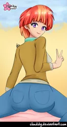 Size: 529x1000 | Tagged: artist:clouddg, ass, breasts, clothes, derpibooru import, female, human, humanized, looking at you, looking back, milf, peace sign, rear view, smiling, solo, solo female, suggestive, windy whistles