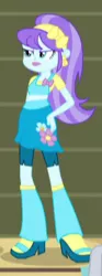 Size: 143x383 | Tagged: safe, derpibooru import, screencap, aqua blossom, equestria girls, rainbow rocks, background human, boots, cropped, flower, frown, hand on butt, high heel boots, solo