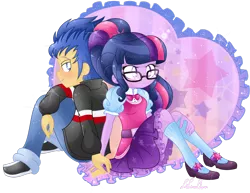 Size: 1280x989 | Tagged: safe, artist:pinkprincessblossom, derpibooru import, flash sentry, sci-twi, twilight sparkle, equestria girls, blushing, bowtie, clothes, cute, female, flashlight, glasses, hair bun, jacket, looking back, male, mary janes, pants, sciflash, shipping, shoes, sitting, skirt, smiling, sneakers, socks, straight, twiabetes