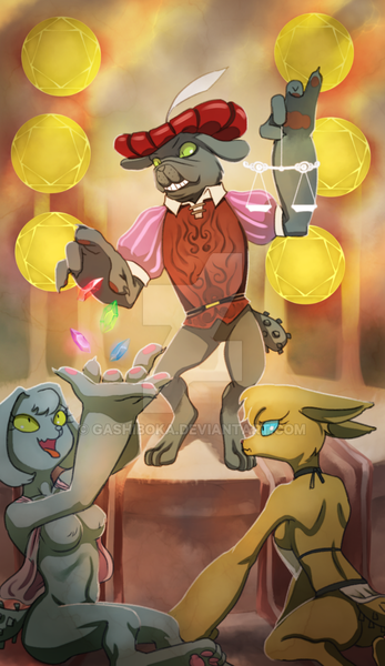 Size: 600x1036 | Tagged: apron, artist:gashiboka, breasts, clothes, coin, derpibooru import, diamond dog, everfree tarot, featureless breasts, female, female diamond dog, gem, male, minor arcana, naked apron, oc, suggestive, tarot card, unofficial characters only, vest