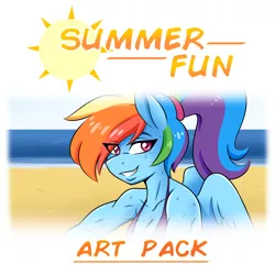 Size: 1018x1018 | Tagged: advertisement, anthro, artist:ambris, beach, breasts, bust, cleavage, derpibooru import, female, lidded eyes, looking at you, ocean, pegasus, ponytail, rainbow dash, smiling, solo, solo female, suggestive, summer, sweat, toned