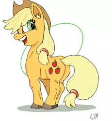 Size: 1108x1200 | Tagged: safe, artist:charlemage, artist:jimmyjamno1, derpibooru import, applejack, earth pony, pony, apple pony, ear fluff, female, hooves, looking back, mare, open mouth, plot, simple background, smiling, solo, white background