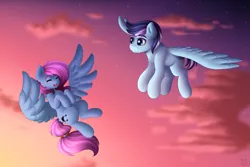 Size: 3000x2000 | Tagged: safe, artist:spirit-dude, derpibooru import, oc, unofficial characters only, pony, cloud, commission, duo, eyes closed, female, flying, male, mare, sky, smiling, spread wings, stallion, sunset, twilight (astronomy), wings