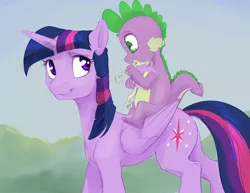 Size: 1280x989 | Tagged: safe, artist:silfoe, derpibooru import, spike, twilight sparkle, twilight sparkle (alicorn), alicorn, dragon, pony, royal sketchbook, baby, baby dragon, cute, cutie mark, dragons riding ponies, duo, feather, female, folded wings, green eyes, horn, looking back, male, mama twilight, mare, purple eyes, quill, riding, scroll, smiling, spikabetes, spikelove, twiabetes, wings