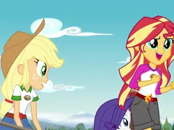 Size: 966x720 | Tagged: safe, derpibooru import, screencap, applejack, rarity, sunset shimmer, equestria girls, legend of everfree, camp everfree outfits, clothes, cropped, embrace the magic, eyes on the prize, mountain, shorts, tree