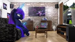 Size: 2560x1440 | Tagged: safe, artist:thelunagames, derpibooru import, princess luna, oc, alicorn, pegasus, pony, gamer luna, 3d, cinema 4d, computer, couch, female, laptop computer, magic, male, mare, poster, room, soda, solo, stallion, television, video game