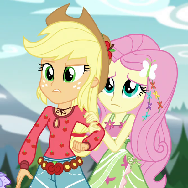 Size: 666x666 | Tagged: safe, derpibooru import, screencap, applejack, fluttershy, equestria girls, legend of everfree, camp fashion show outfit, clothes, cowboy hat, cropped, flower, flower in hair, hat, mountain, sleeveless, tanktop, tree