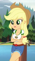 Size: 400x690 | Tagged: safe, derpibooru import, edit, edited screencap, editor:ah96, screencap, applejack, equestria girls, legend of everfree, belly button, breast edit, breasts, busty applejack, camp everfree outfits, cleavage, clothes, cropped, female, midriff, mountain, river, shorts, solo, tree