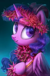 Size: 775x1179 | Tagged: safe, artist:sorcerushorserus, derpibooru import, twilight sparkle, twilight sparkle (alicorn), alicorn, pony, alternate hairstyle, beautiful, bust, cute, female, floral head wreath, flower, flower in hair, gradient background, hawaiian, hawaiian flower in hair, looking at you, mare, portrait, pretty, solo, sweet dreams fuel, twiabetes