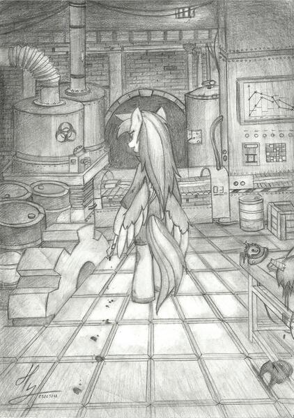 Size: 1635x2324 | Tagged: anthro, artist:hardlugia, bipedal, black and white, blood, corpse, dead, derpibooru import, drawing, factory, fanfic:rainbow factory, gears, grayscale, knife, looking at you, monochrome, pegasus, pencil drawing, rainbow dash, semi-grimdark, silo, solo, traditional art