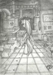 Size: 1635x2324 | Tagged: anthro, artist:hardlugia, bipedal, black and white, blood, corpse, dead, derpibooru import, drawing, factory, fanfic:rainbow factory, gears, grayscale, knife, looking at you, monochrome, pegasus, pencil drawing, rainbow dash, semi-grimdark, silo, solo, traditional art