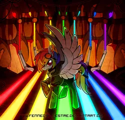 Size: 898x857 | Tagged: grimdark, artist:fennecsilvestre, derpibooru import, rainbow dash, pegasus, pony, fanfic:rainbow factory, blood, blood on goggles, colored pupils, female, goggles, looking at you, mare, raised hoof, solo, spread wings, wings