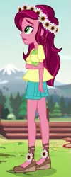 Size: 203x510 | Tagged: safe, derpibooru import, screencap, gloriosa daisy, equestria girls, legend of everfree, clothes, cropped, flower, flower in hair, mountain, shoes, shorts, solo, tree