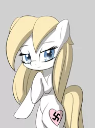 Size: 406x545 | Tagged: safe, artist:an-m, derpibooru import, oc, oc:aryanne, unofficial characters only, earth pony, pony, bipedal, female, gray background, heart, mare, nazi, simple background, solo, swastika