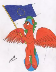 Size: 2246x2886 | Tagged: safe, artist:summerium, derpibooru import, oc, oc:summer lights, unofficial characters only, pegasus, pony, europe, european union, flag, flying, glasses, male, simple background, solo, spread wings, stallion, traditional art, white background, wings