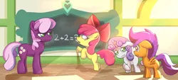 Size: 1024x461 | Tagged: safe, artist:z0rgy, derpibooru import, apple bloom, cheerilee, scootaloo, sweetie belle, pony, chalk, chalkboard, cutie mark crusaders, fancy mathematics, math, mouth hold, nervous, scared, school, unamused