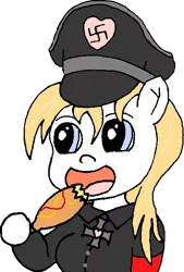Size: 428x632 | Tagged: anime, anthro, anthro oc, armband, artist:anonymous, breasts, clothes, corndog, derpibooru import, eating, female, food, hat, heart, iron cross, meme, nazi, oc, oc:aryanne, open mouth, safe, sausage, simple background, solo, swastika, transparent background, uniform, unofficial characters only